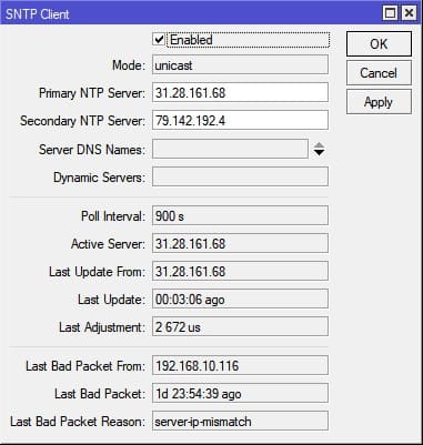 Настройка MikroTik SNPT client, активация сервера времени
